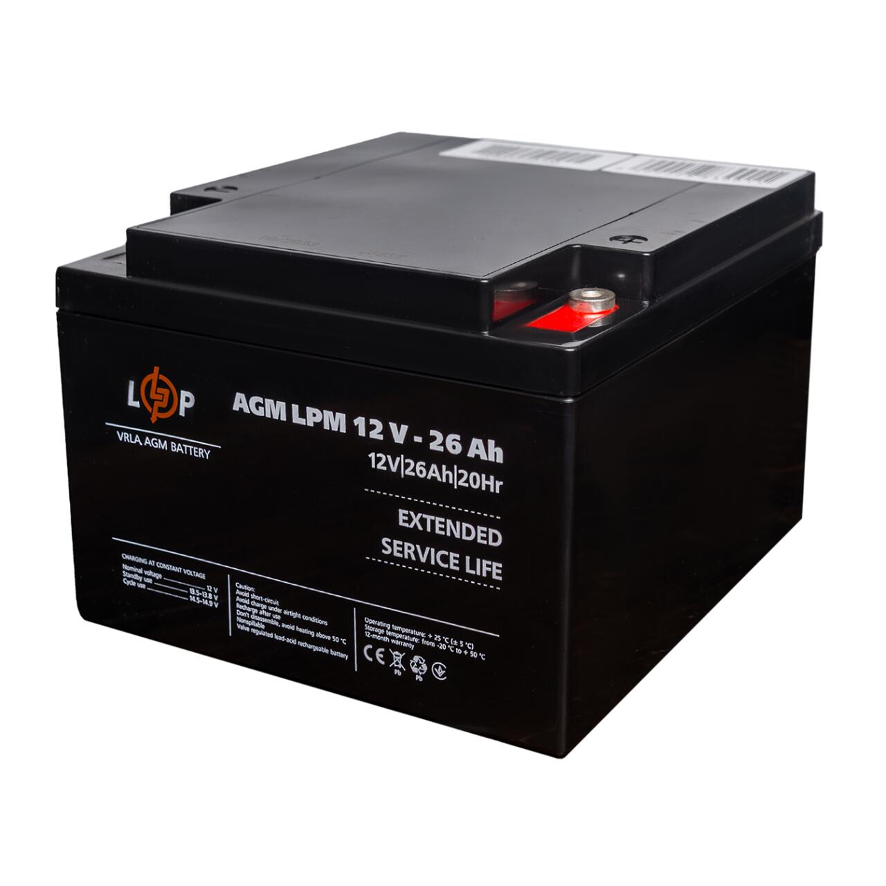 Акумулятор AGM LPM 12V - 26 Ah під болт М5 (08-2024)