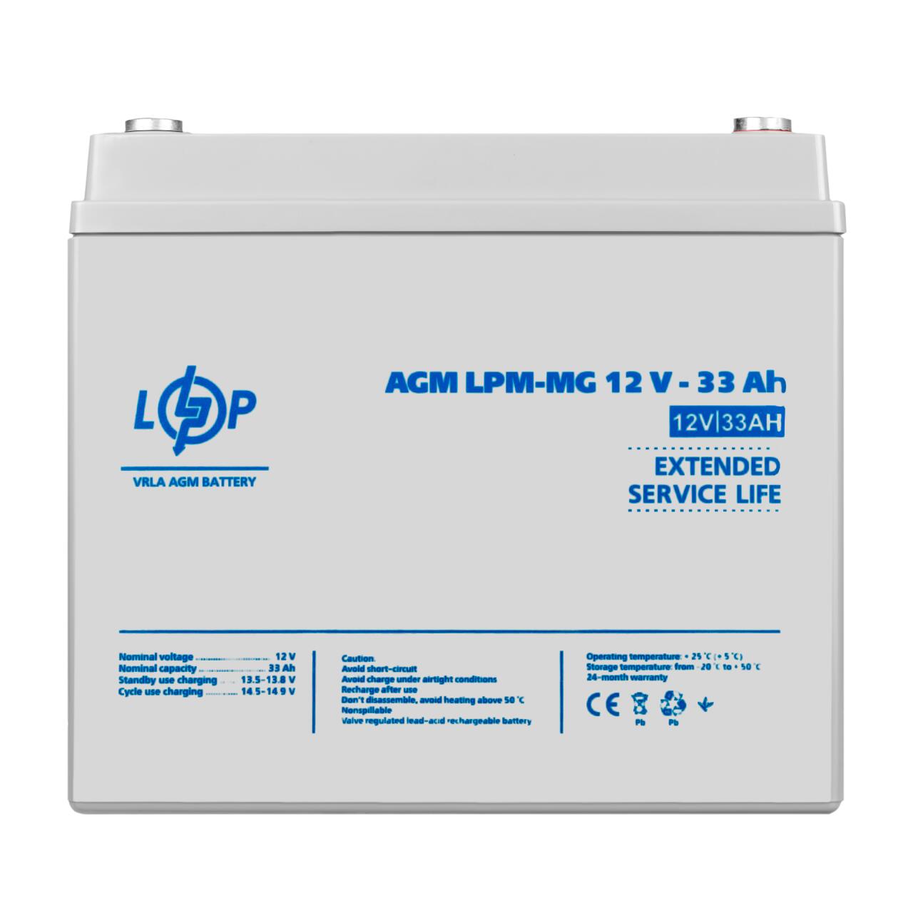 Акумулятор мультигелевий LPM-MG 12V - 33 Ah + праворуч