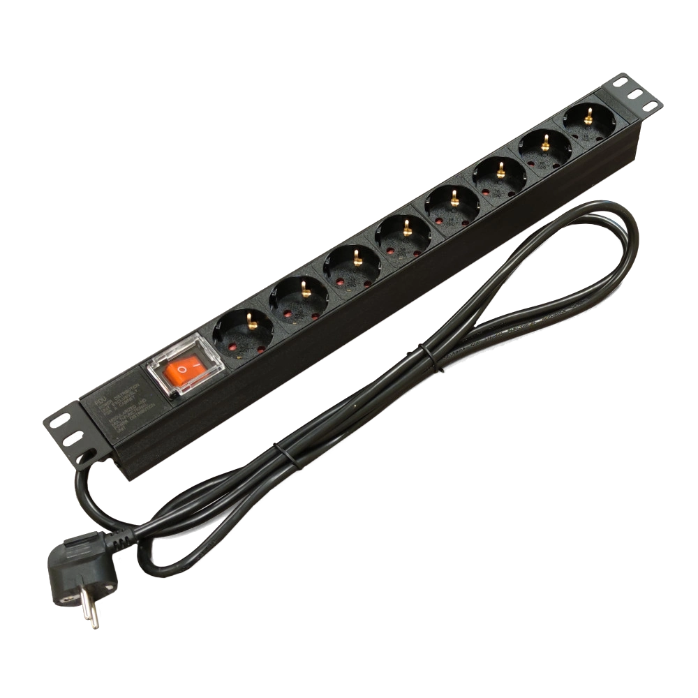 Блок 19" на 8 роз. нем. станд., 16А, 1U, с выключателем, шнур 1.8м Kingda