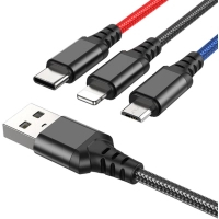 Дата кабель USB 2.0 AM to Lightning + Micro 5P + USB-C 1.0m 2A nylon black+red+blue HOCO (6931474768636)