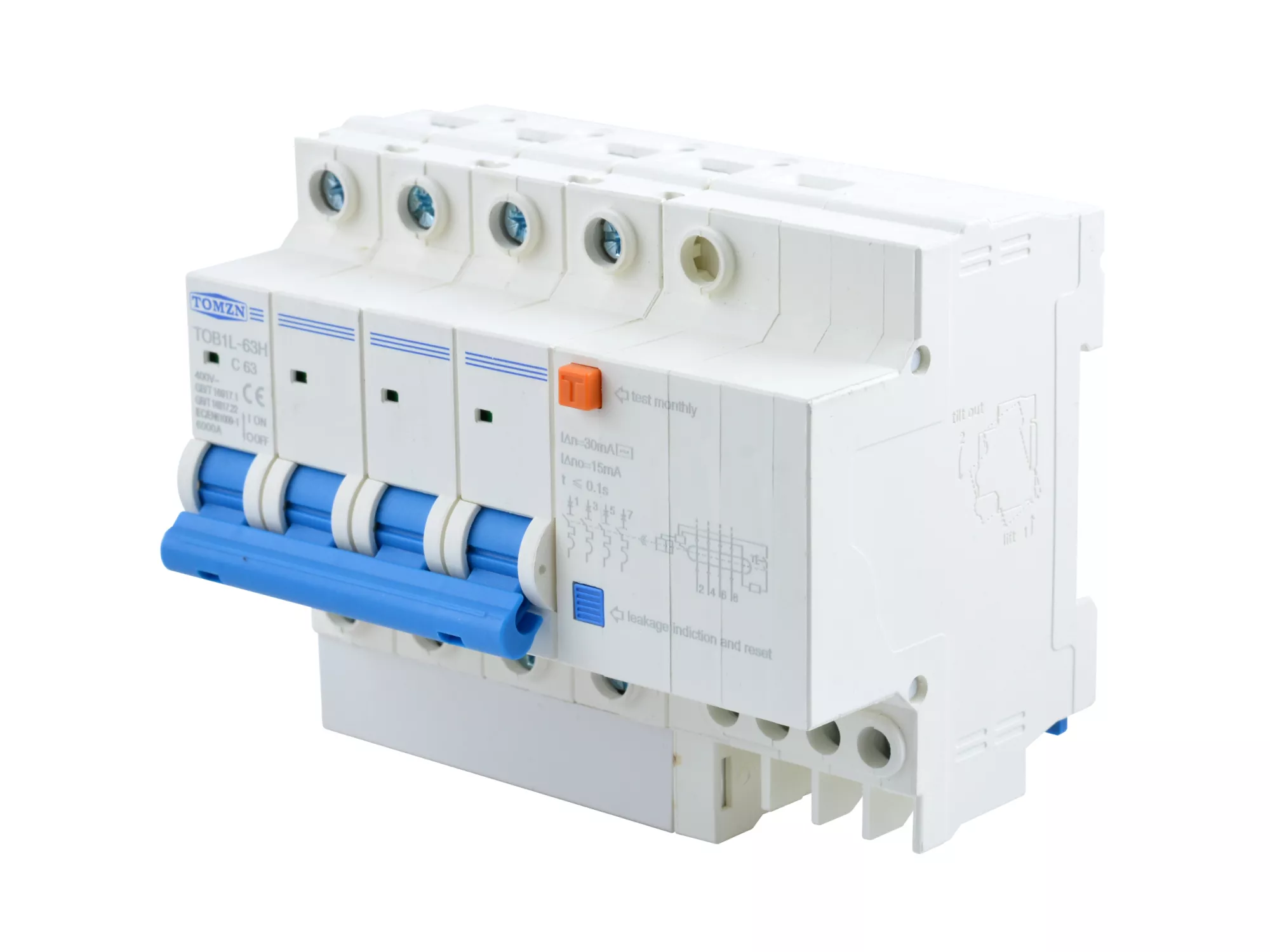 Диференціальний автомат TOB1L-63H-4P-63A (RCBO 4P С=63А, IΔn = 30 мА)