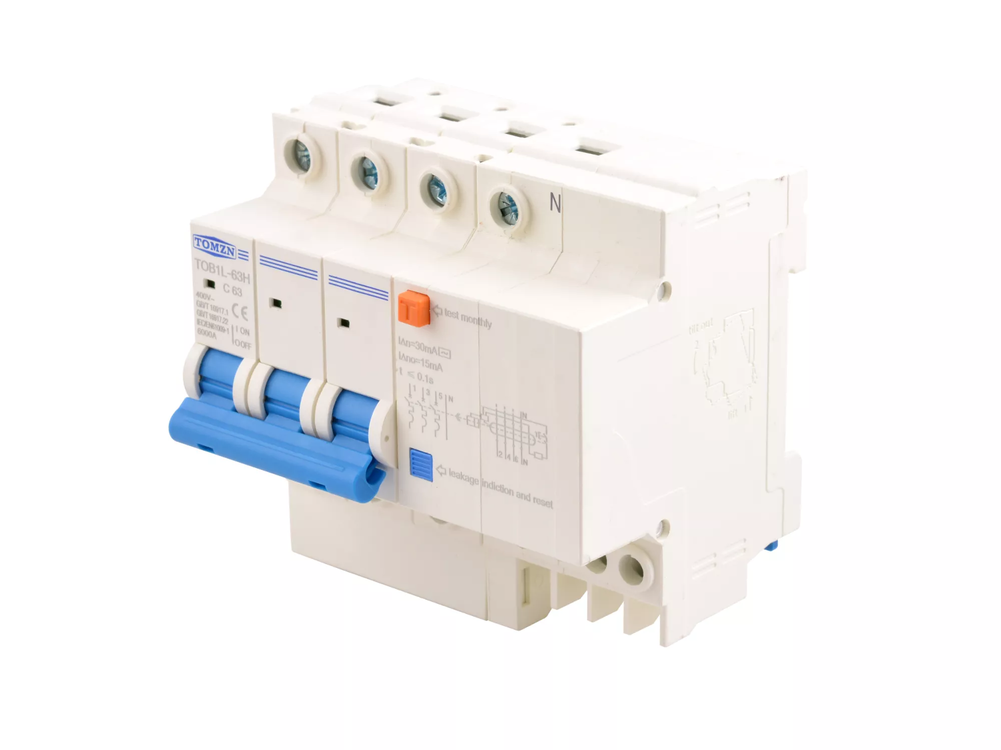 Дифференциальный автомат TOB1L-63H-3P/N-63A (RCBO 3P+N С=63А, IΔn = 30 мА)