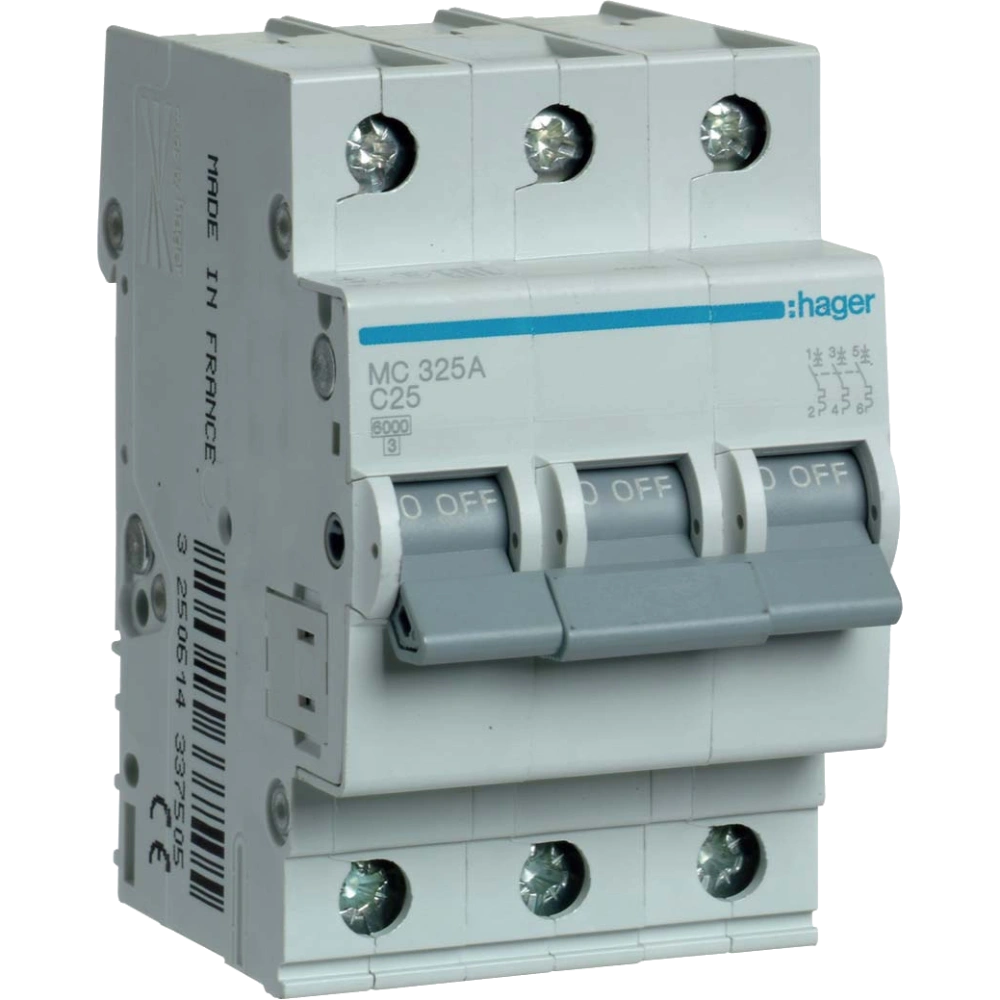 Hager In=25 А, 3п, С, 6 kA, 3м MC325A