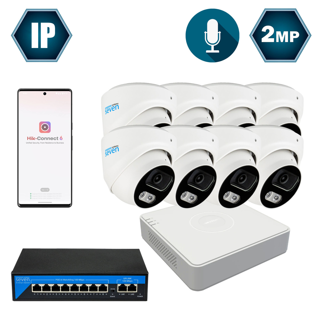 Комплект IP-відеоспостереження Hikvision на 8 купольних 2 Мп IP-камер HK-IP7118OW-2MP
