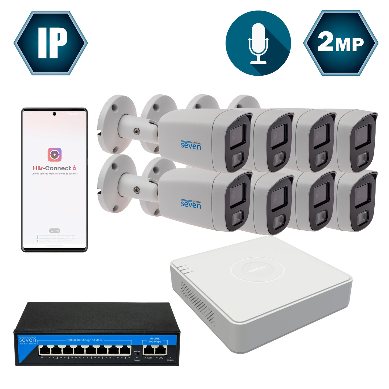 Комплект IP-відеоспостереження Hikvision на 8 циліндричних 2 Мп IP-камер HK-IP7128OW-2MP