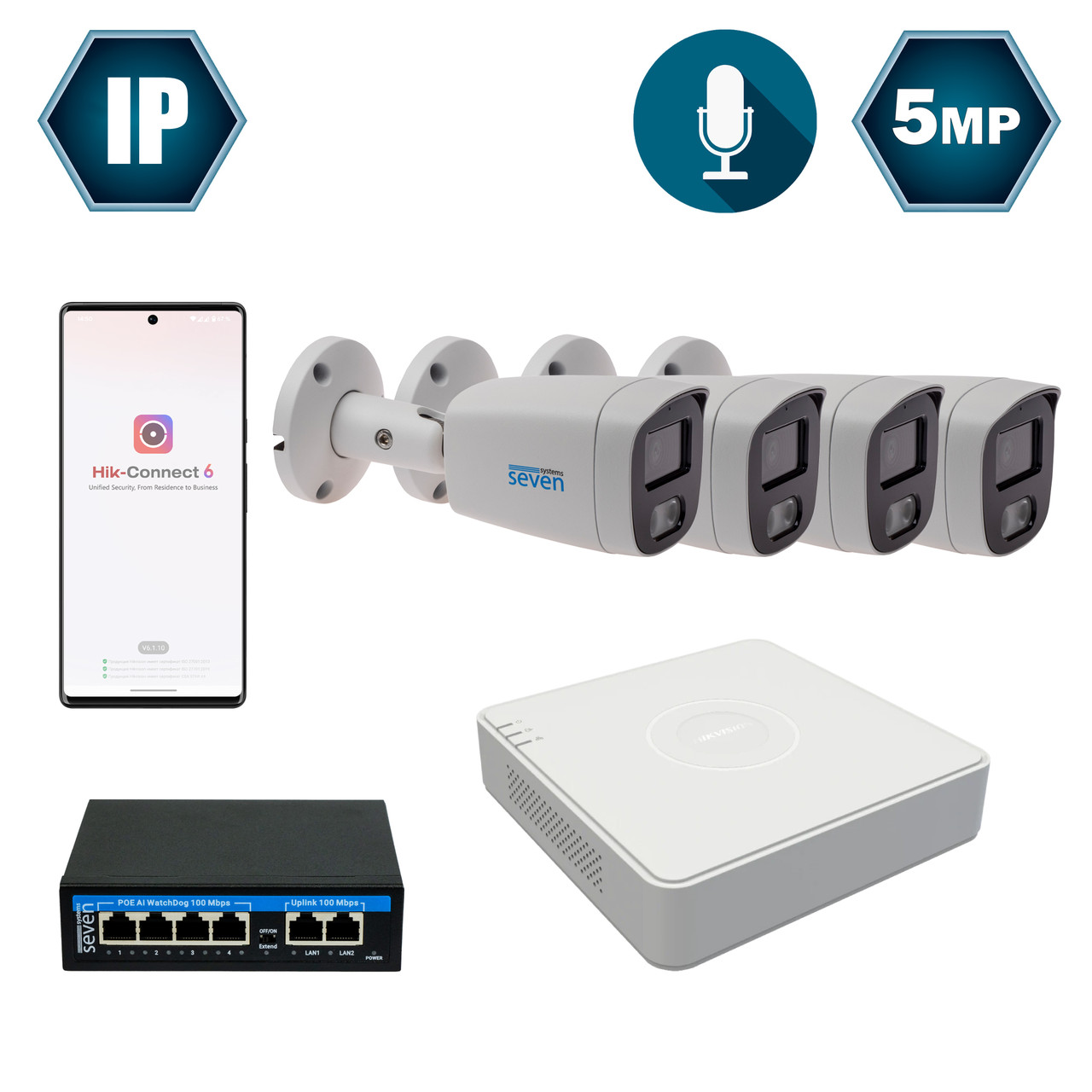 Комплект IP-видеонаблюдения Hikvision на 4 цилиндрические 5 Мп IP-камеры HK-IP7124OW-5MP