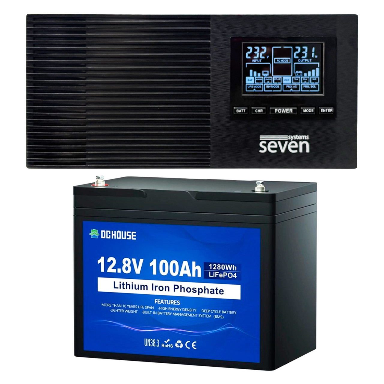 Комплект резервного питания SEVEN I-7964 1200ВА/1000Вт c АКБ LiFePO4 DC HOUSE 12.8V 100Ah Bluetooth