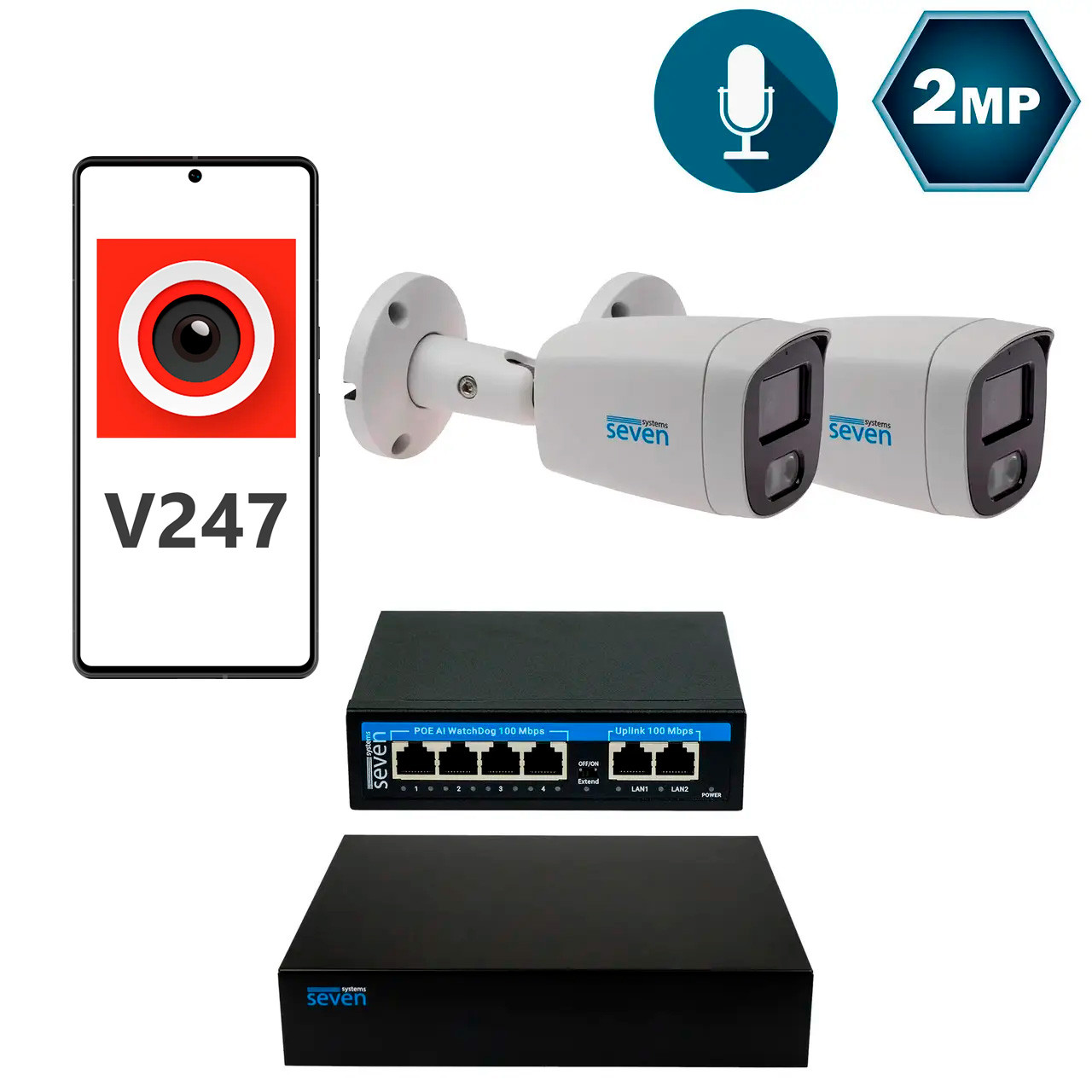 Комплект відеоспостереження на 2 циліндричні 2 Мп IP-камери SEVEN IP-7222W2-2MP