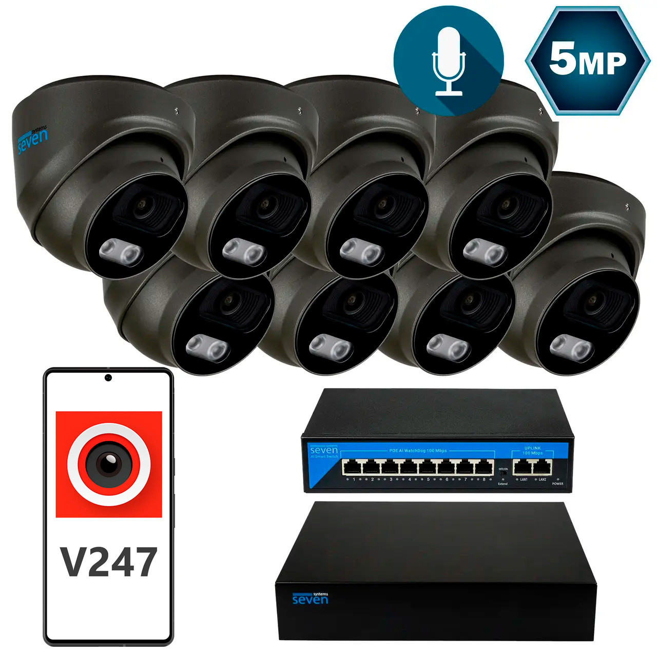 Комплект відеоспостереження на 8 купольних 5 Мп IP-камер SEVEN IP-7215B8-5MP