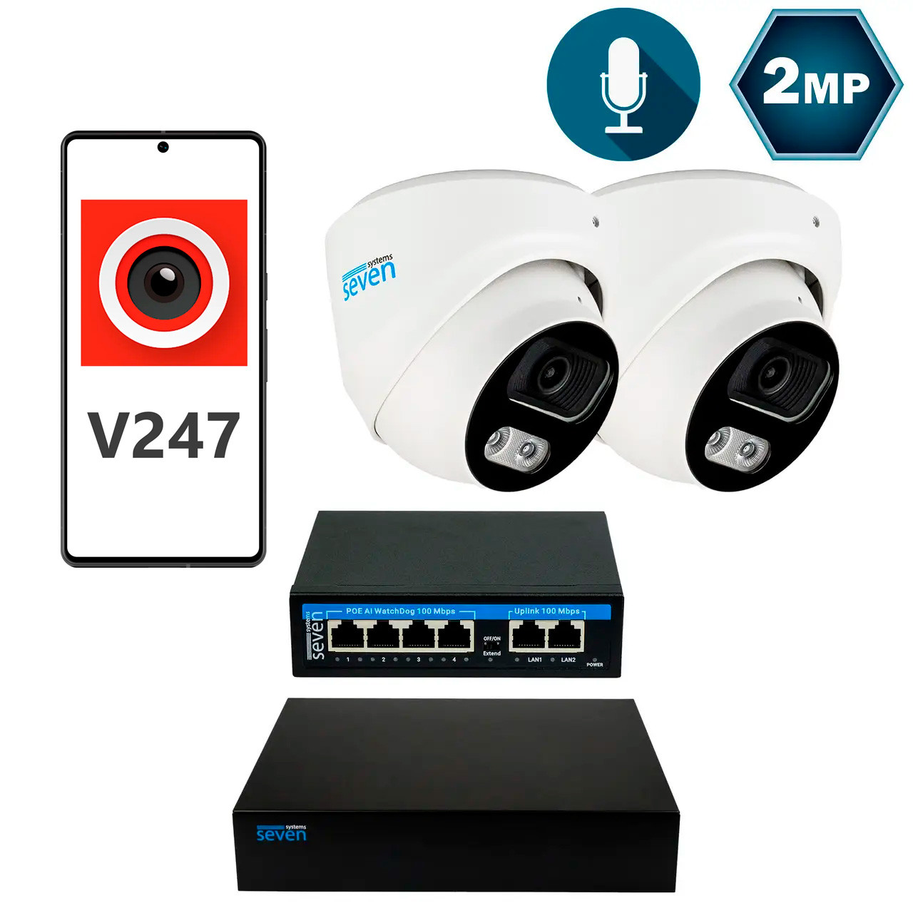 Комплект видеонаблюдения на 2 купольные 2 Мп IP-камеры SEVEN IP-7212W2-2MP