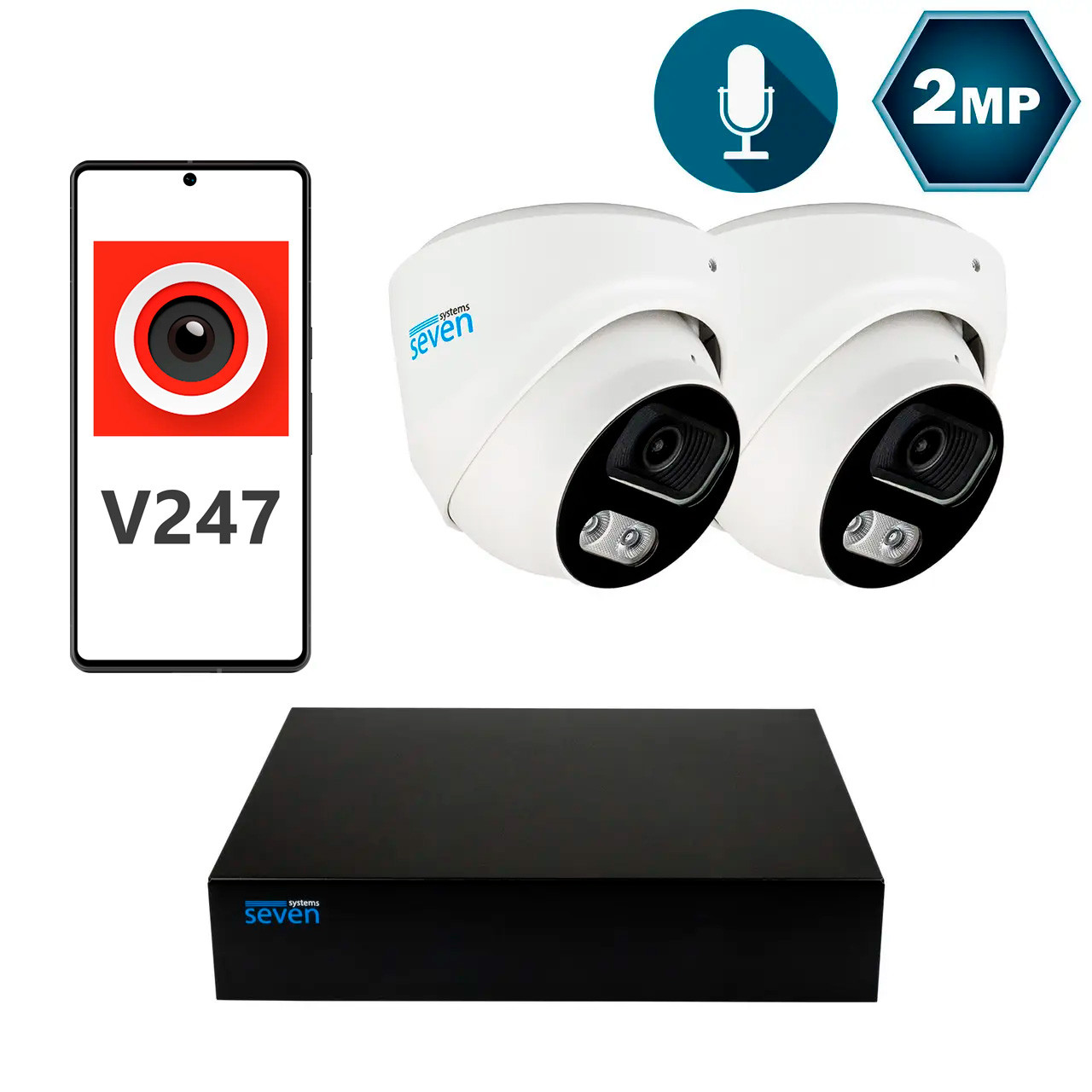 Комплект видеонаблюдения на 2 купольные 2 Мп IP-камеры SEVEN IP-7212W2P4-2MP