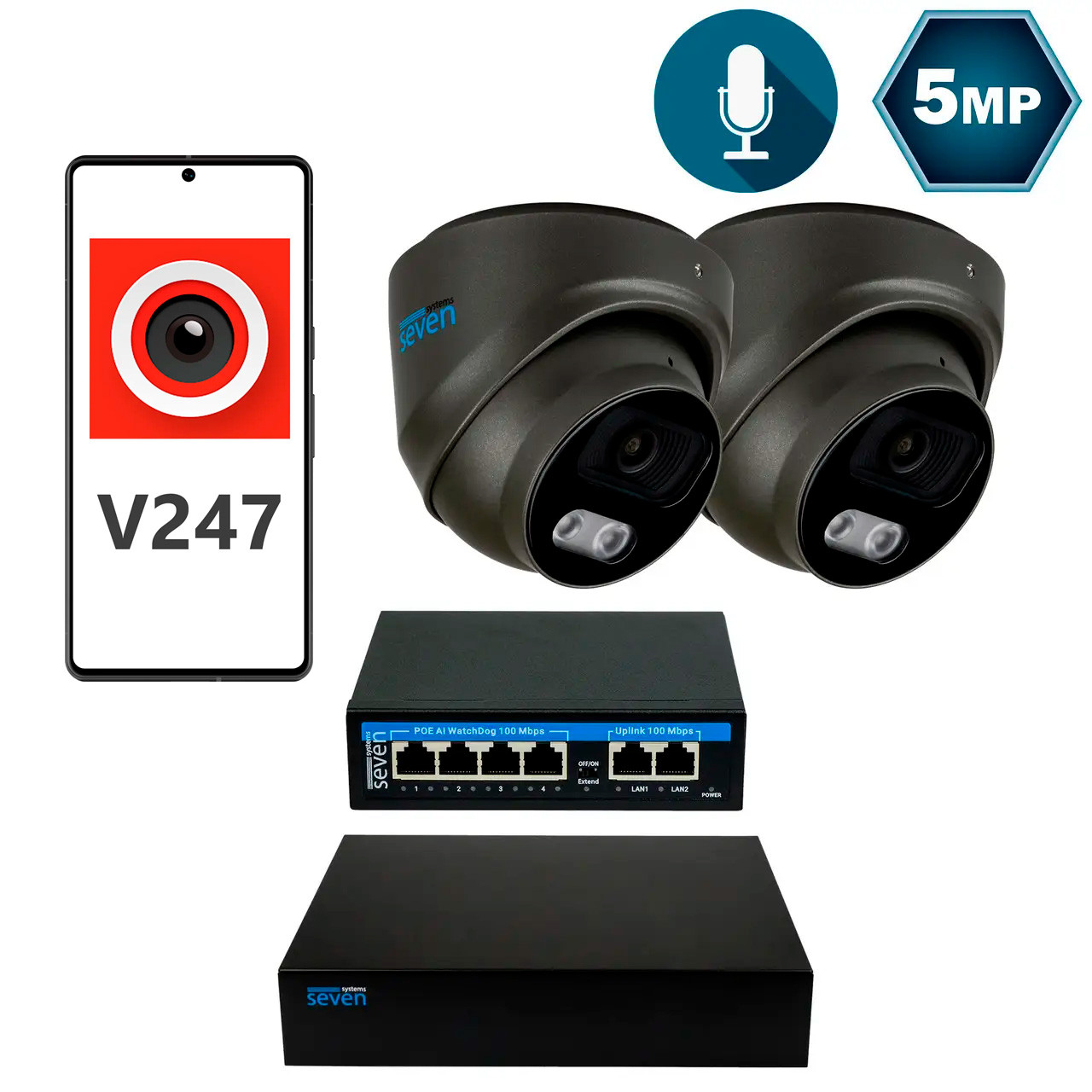 Комплект видеонаблюдения на 2 купольные 5 Мп IP-камеры SEVEN IP-7215B2-5MP