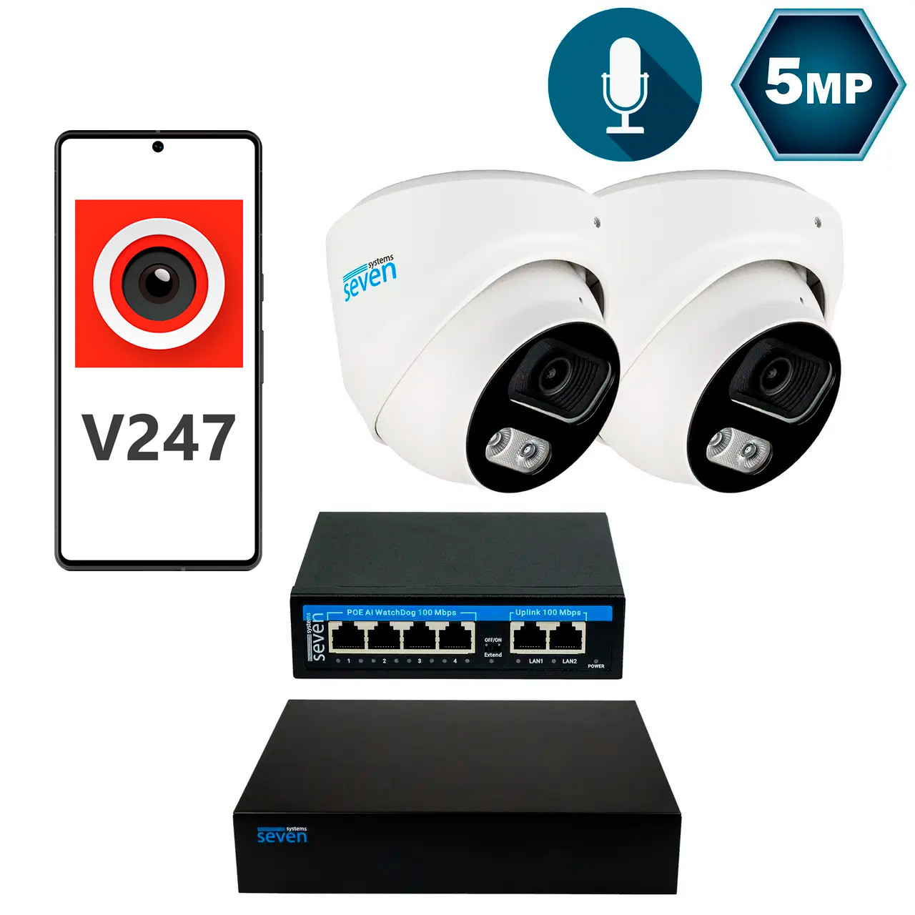 Комплект видеонаблюдения на 2 купольные 5 Мп IP-камеры SEVEN IP-7215W2-5MP