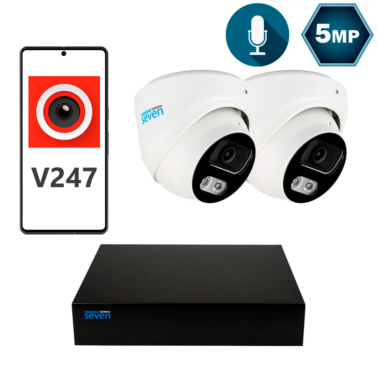Комплект видеонаблюдения на 2 купольные 5 Мп IP-камеры SEVEN IP-7215W2P4-5MP