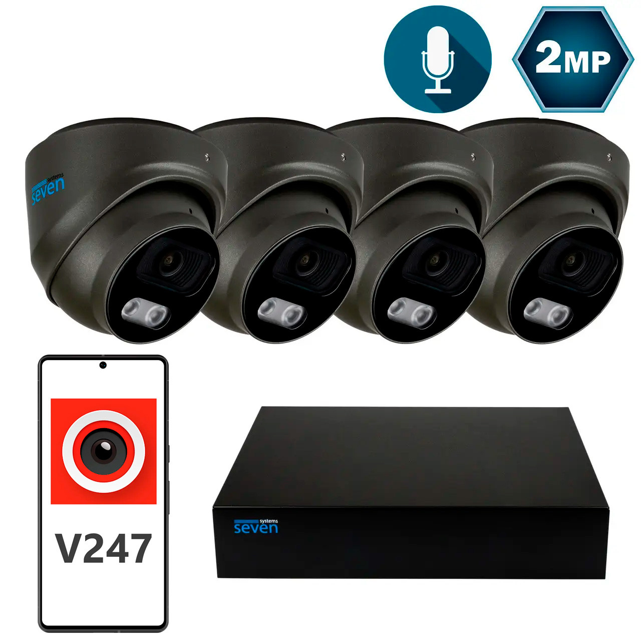 Комплект видеонаблюдения на 4 купольные 2 Мп IP-камеры SEVEN IP-7212B4P4-2MP