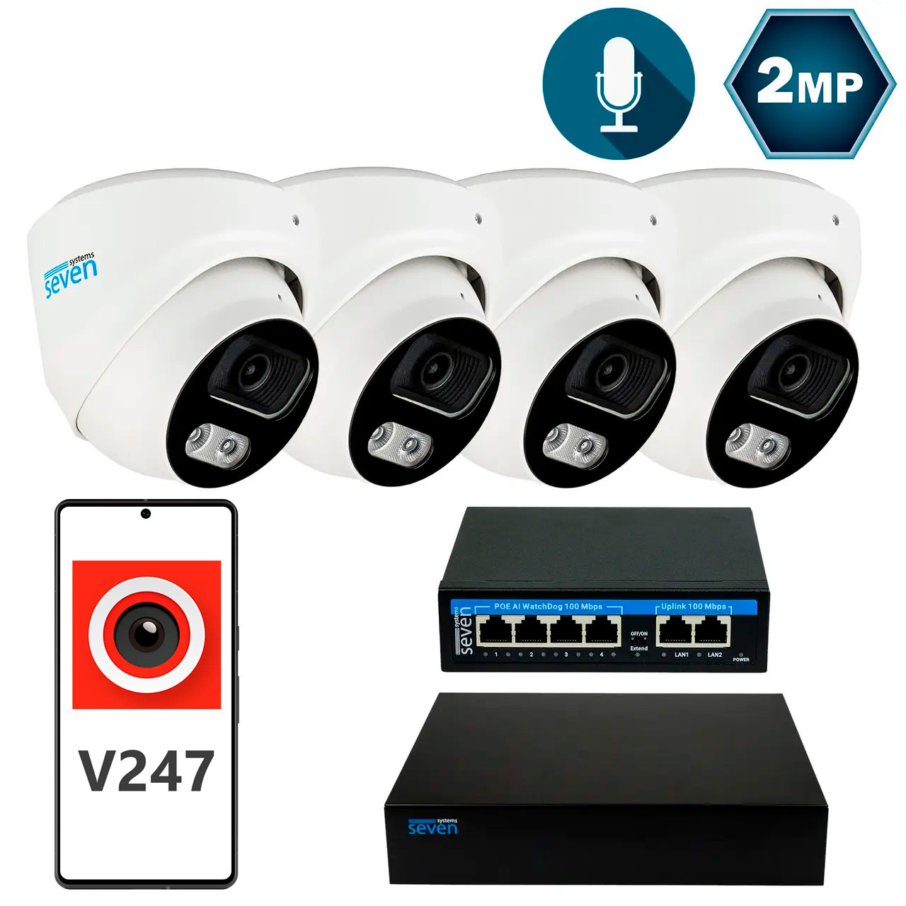 Комплект видеонаблюдения на 4 купольные 2 Мп IP-камеры SEVEN IP-7212W4-2MP