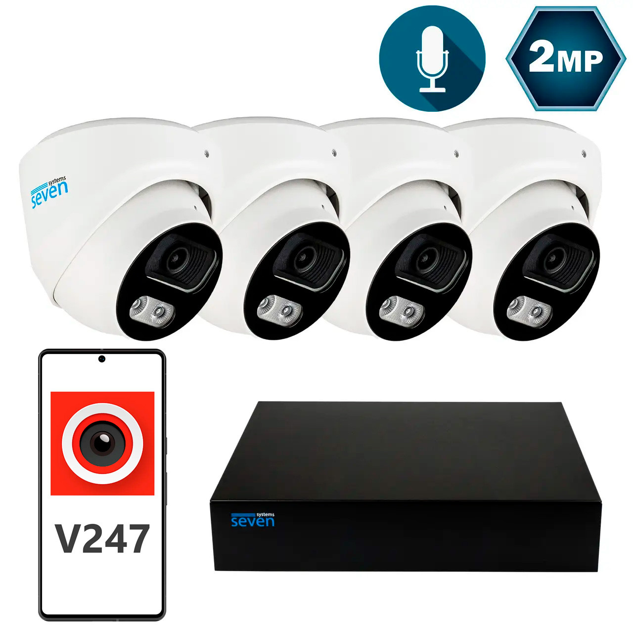 Комплект видеонаблюдения на 4 купольные 2 Мп IP-камеры SEVEN IP-7212W4P4-2MP