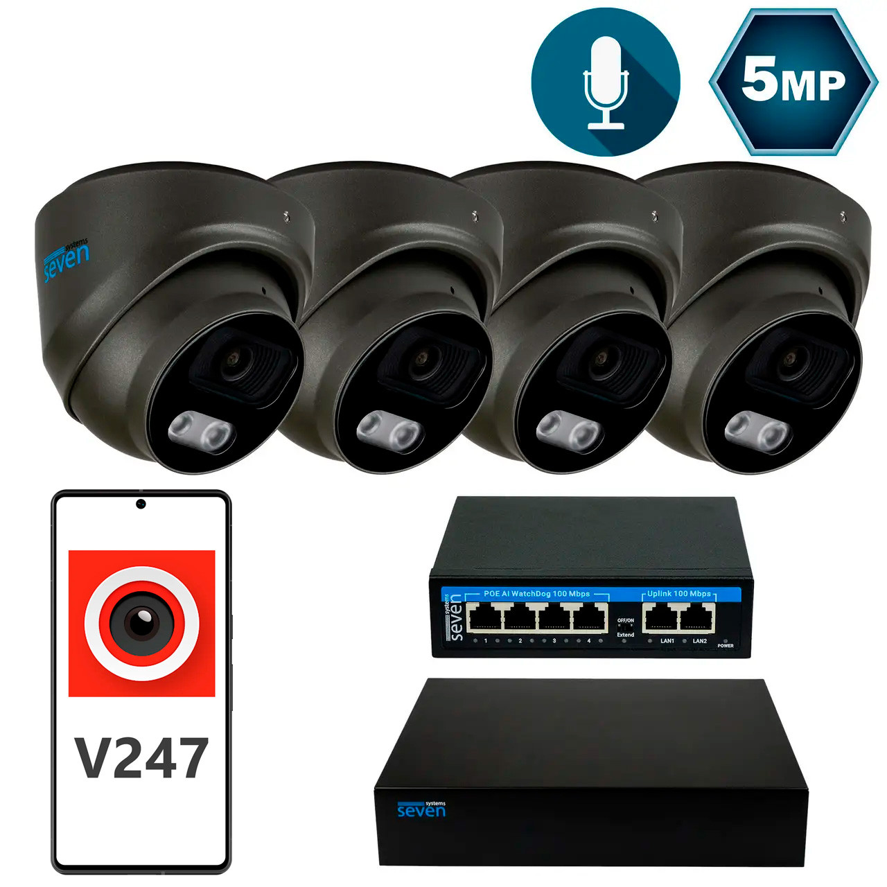 Комплект видеонаблюдения на 4 купольные 5 Мп IP-камеры SEVEN IP-7215B4-5MP