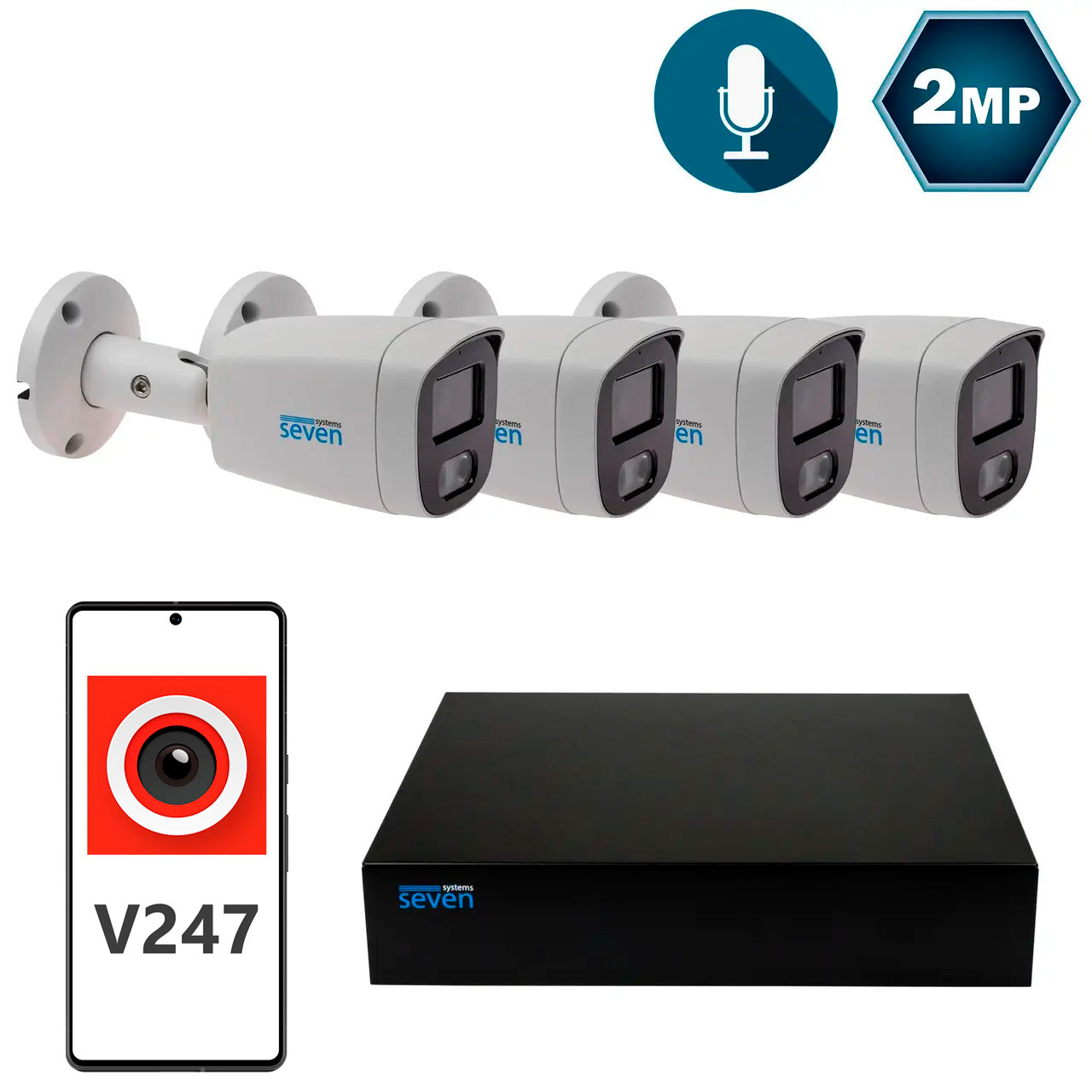 Комплект видеонаблюдения на 4 цилиндрические 2 Мп IP-камеры SEVEN IP-7222W4P4-2MP