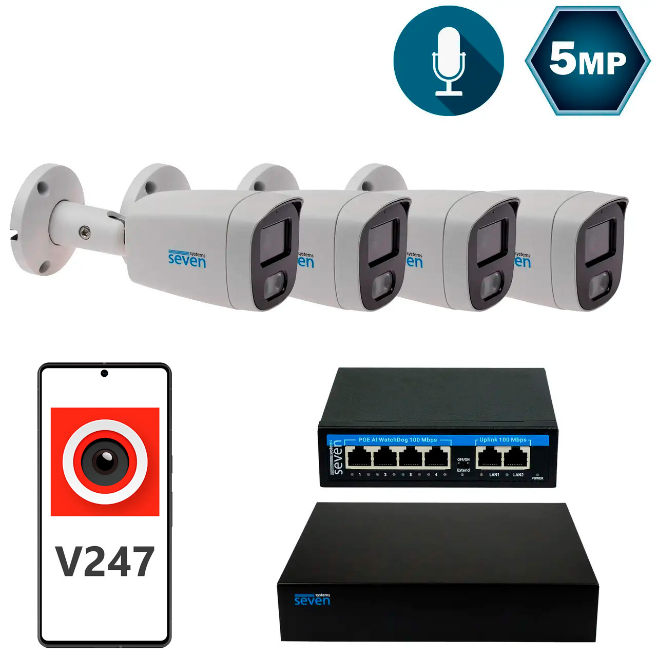 Комплект видеонаблюдения на 4 цилиндрические 5 Мп IP-камеры SEVEN IP-7225W4-5MP