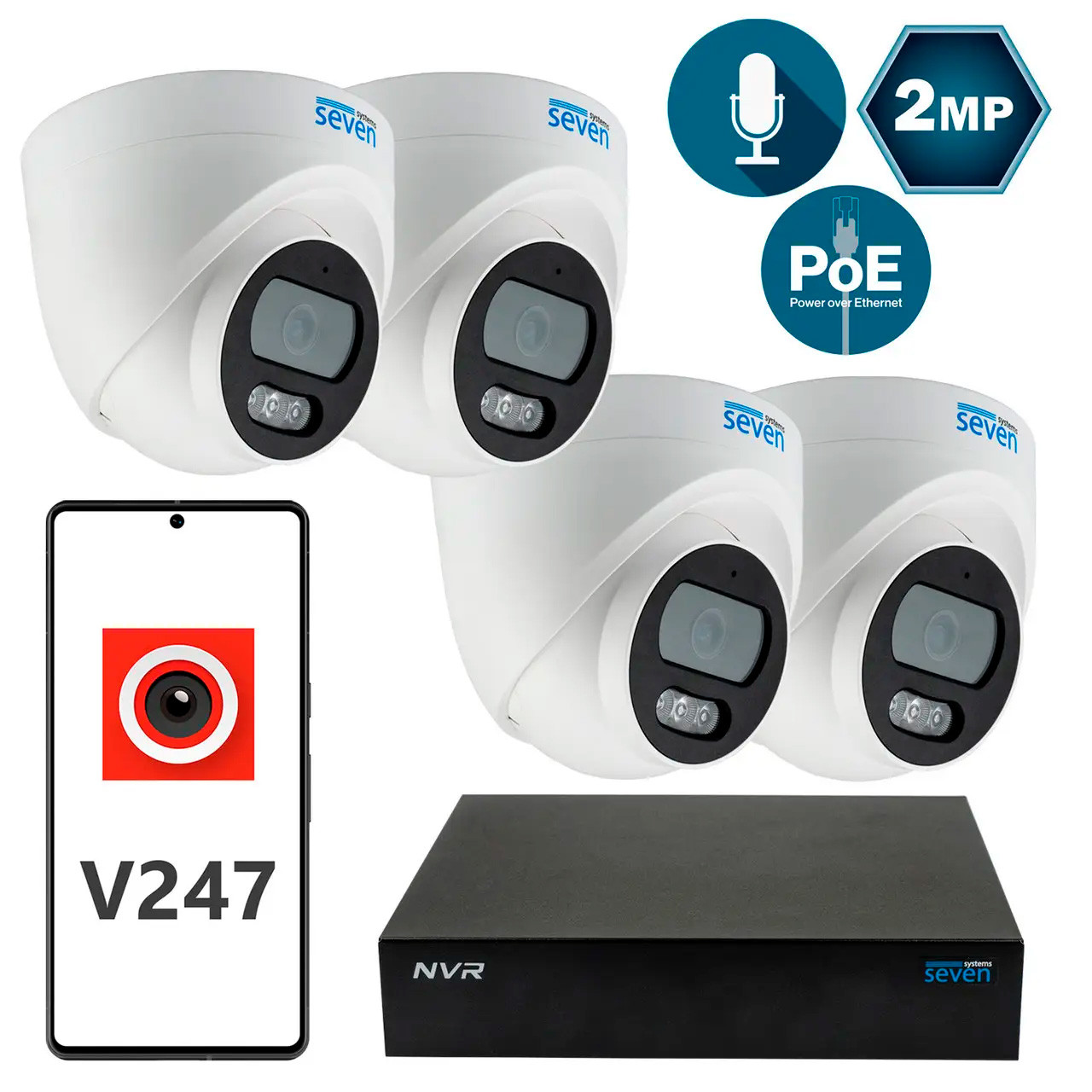 Комплект видеонаблюдения на 4 внутренние купольные 1080p IP-видеокамеры SEVEN 4D2-IN