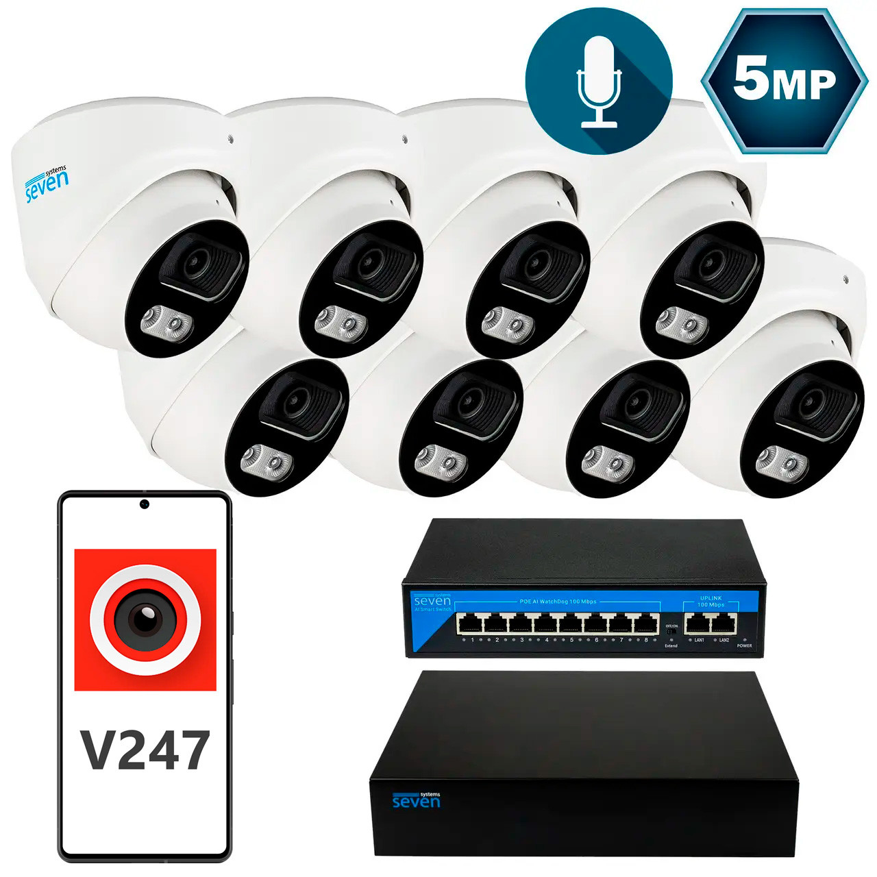 Комплект видеонаблюдения на 8 купольных 5 Мп IP-камеры SEVEN IP-7215W8-5MP