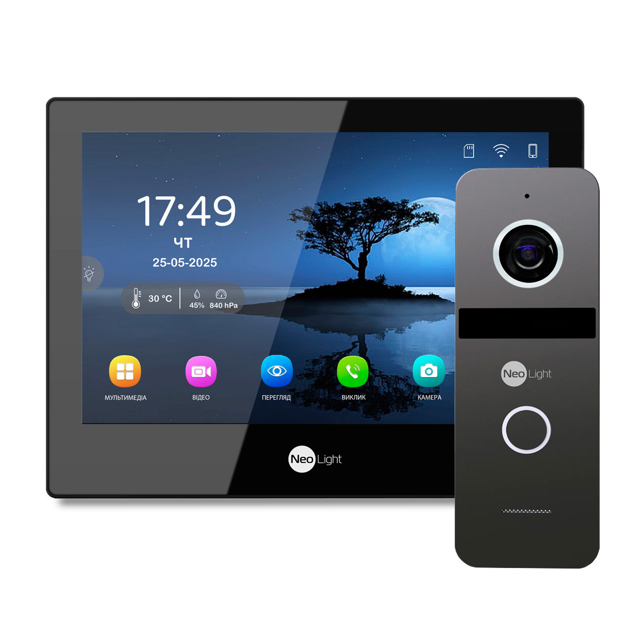 Комплект Wi-Fi IP-видеодомофон 8 дюймов Wi-Fi NeoLight ALPHA Hybrid Black и вызывной панели NeoLight Solo IPW Black Graphite