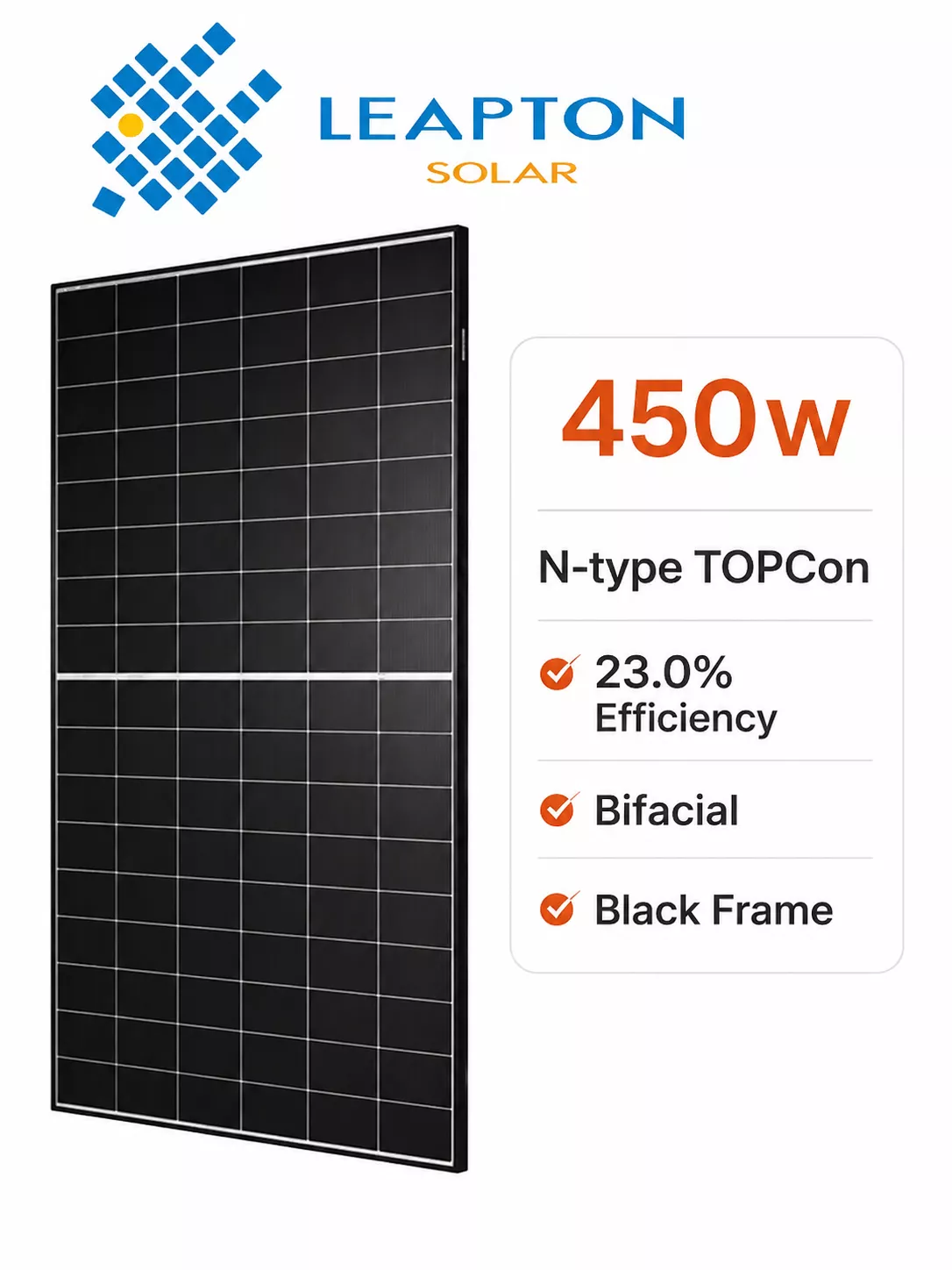 Солнечная панель Leapton LP182*210-M-48-NB-450W (450W, bifacial, black frame)