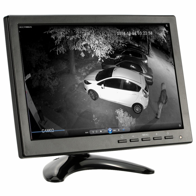 CCTV монітор, L1001, діагональ - 10.1" (VGA, HDMI, НЧ відео входи, живлення: 12В (650 mA Max), роздільна здатність: 1280 х 960, 16:9, яскравість - 350 cd/m2, контрастність - 800 габарити: 235 х 200 х 