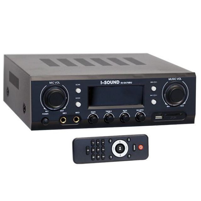 Стереопідсилювач I-Sound IS-SA70BU (потужність 2*70 Вт, USB-TF Card/FM/Bluetooth, AUX, MIC-2 шт, ~10-240В/60Вт, габарити 260х80х225 мм, Вага 2,3 кг)