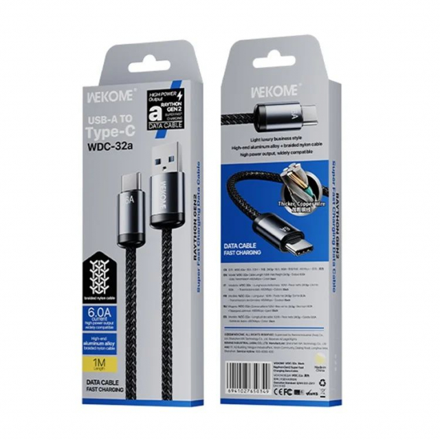USB кабель Wekome WDC-32a USB to Type-C 6A (Data cable 480Mbps / Super Fast Charging, Нейлонова плетена оболонка, довжина-1м)